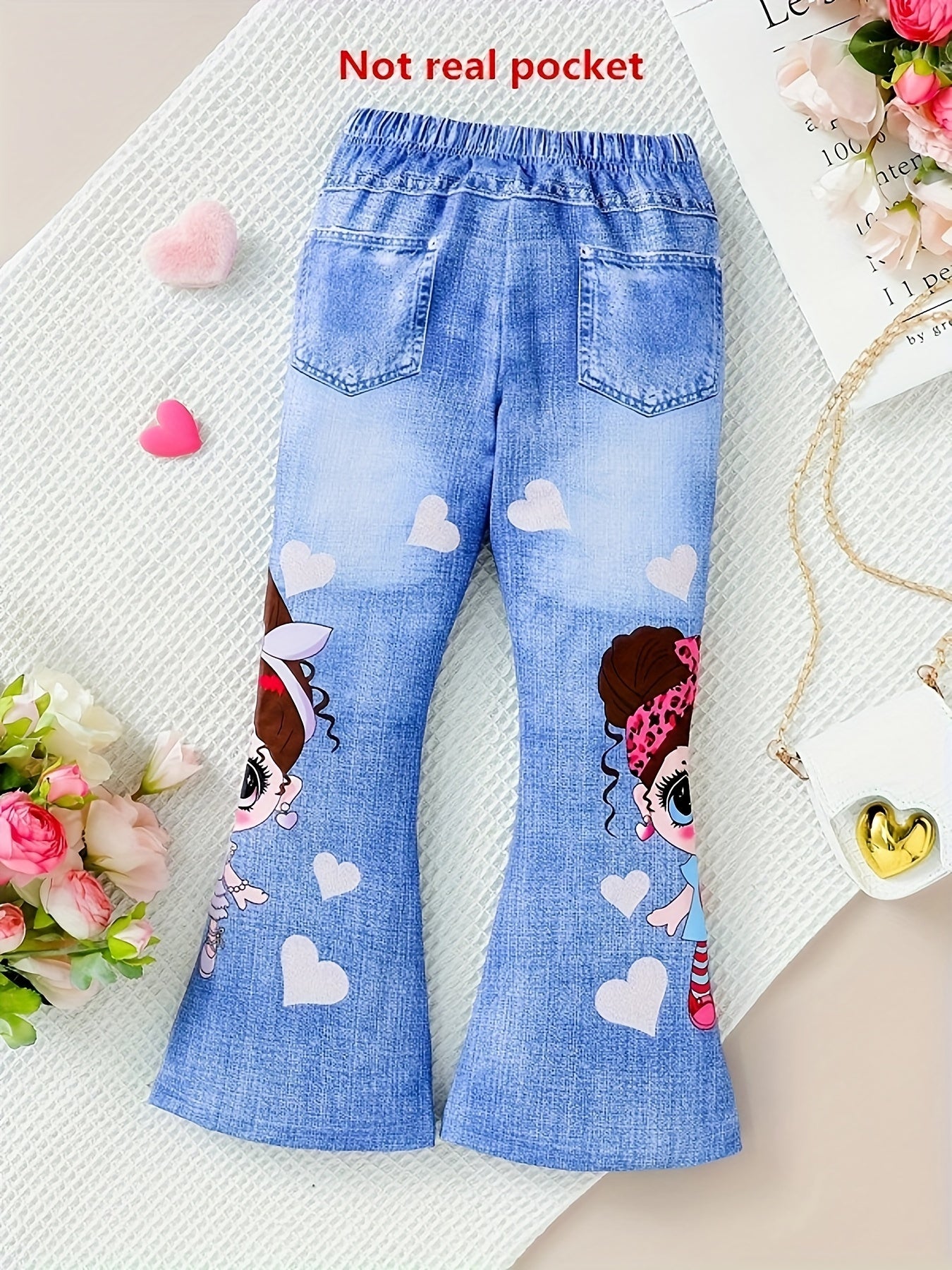 Girls Flare Pants with Cartoon Girl Graphic Imitation Denim Print for Party Gift
