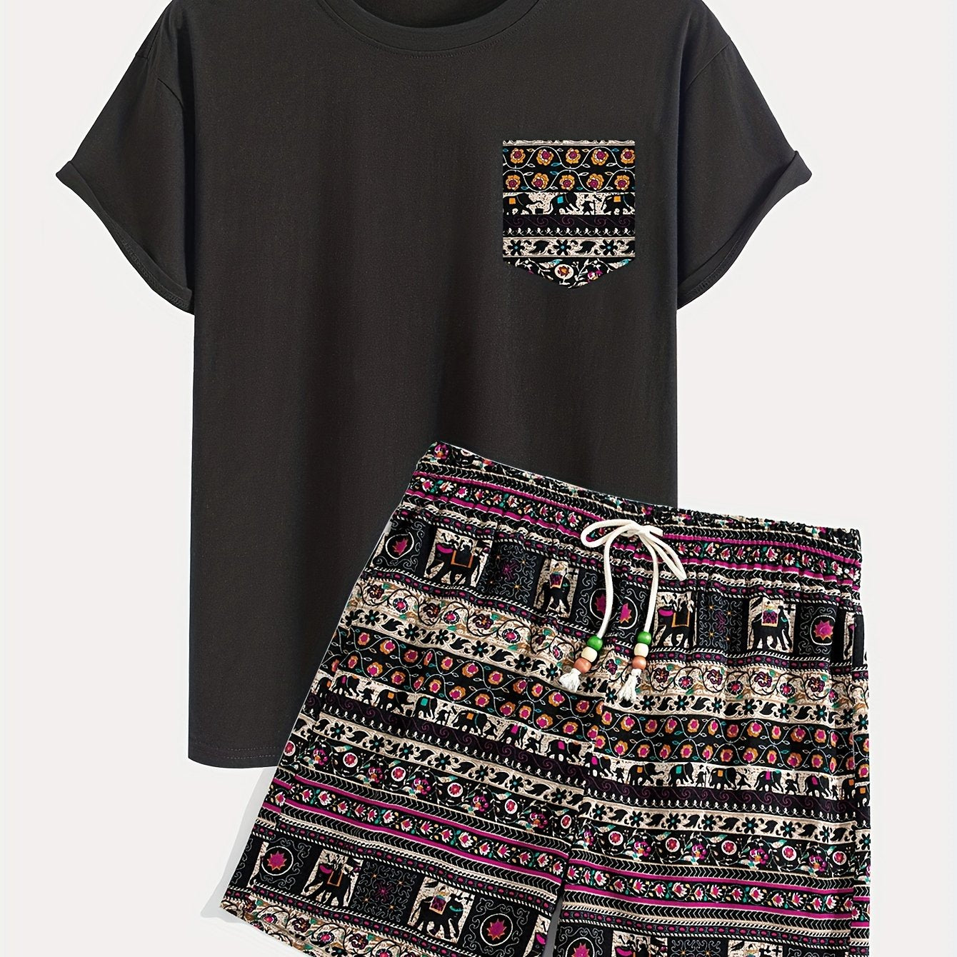 Boho Tribal Print Cotton T-Shirt and Shorts Set Loose Fit Spring Outfit