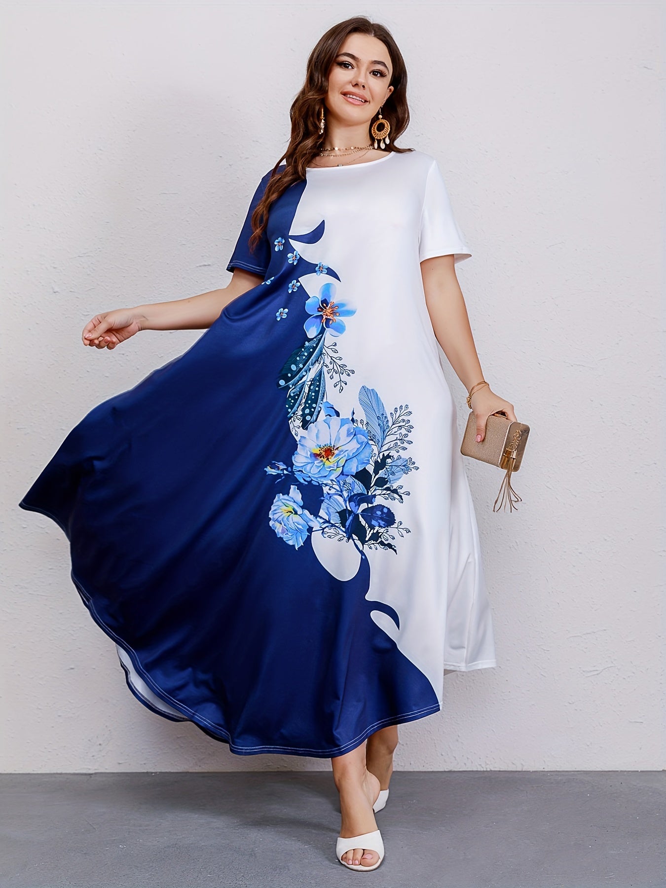 Women's Plus Size Casual Dress with Colorblock Floral Print Short Sleeves
