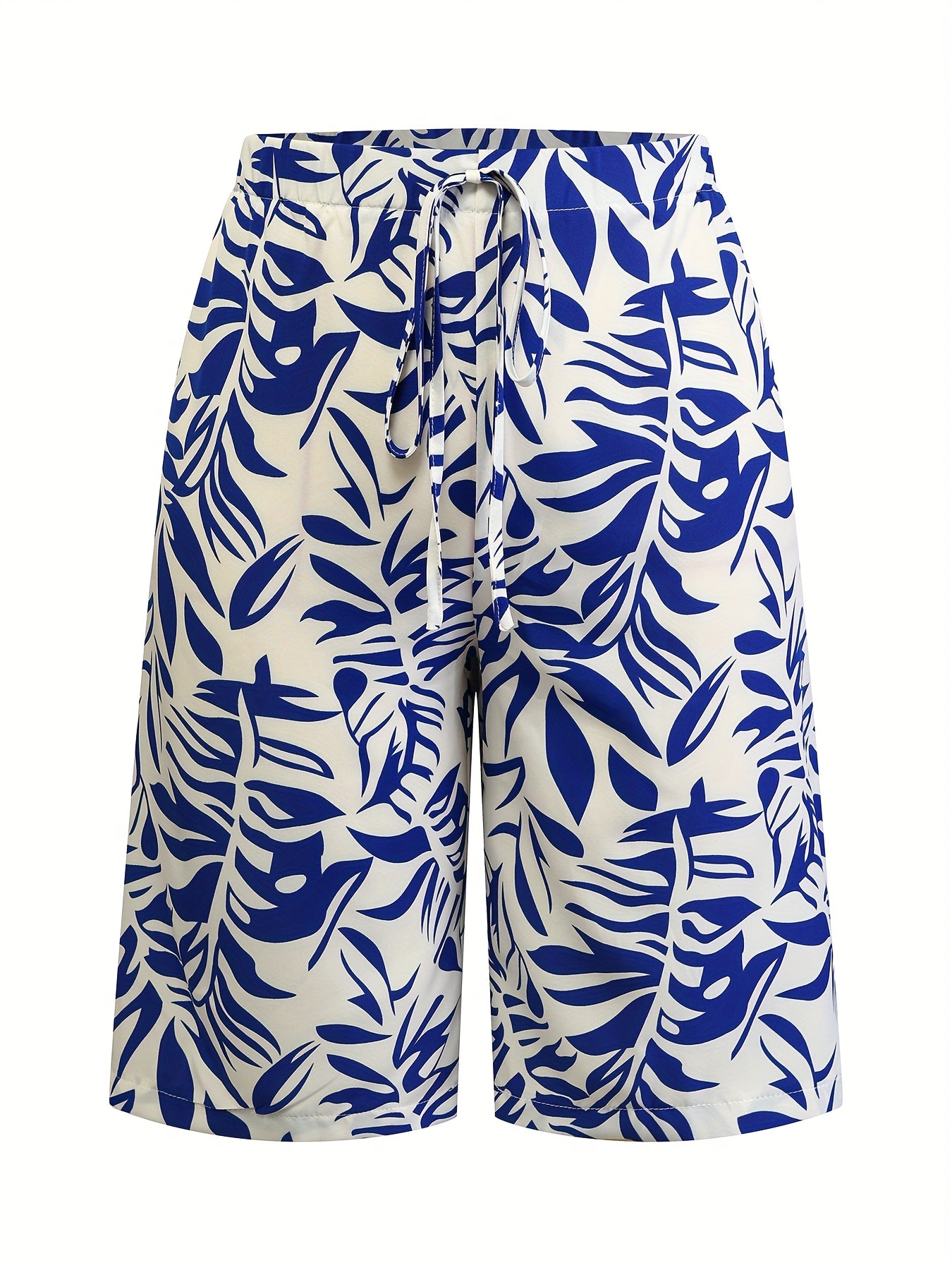 Women's Plus Size Tropical Print Bermuda Shorts Lightweight Polyester Blue White Leaf Pattern Summer Beach Casual