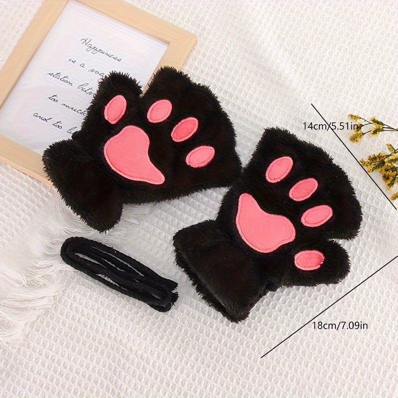Cozy Cat Paw Fingerless Gloves for Girls Soft Cotton Blend Black Pink Heart Design