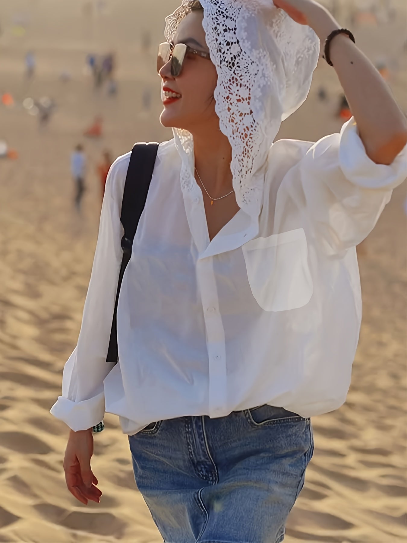 Women's Plus Size Lace Trim Long Sleeve Hooded Jacket Solid Color All-Season Casual Outerwear