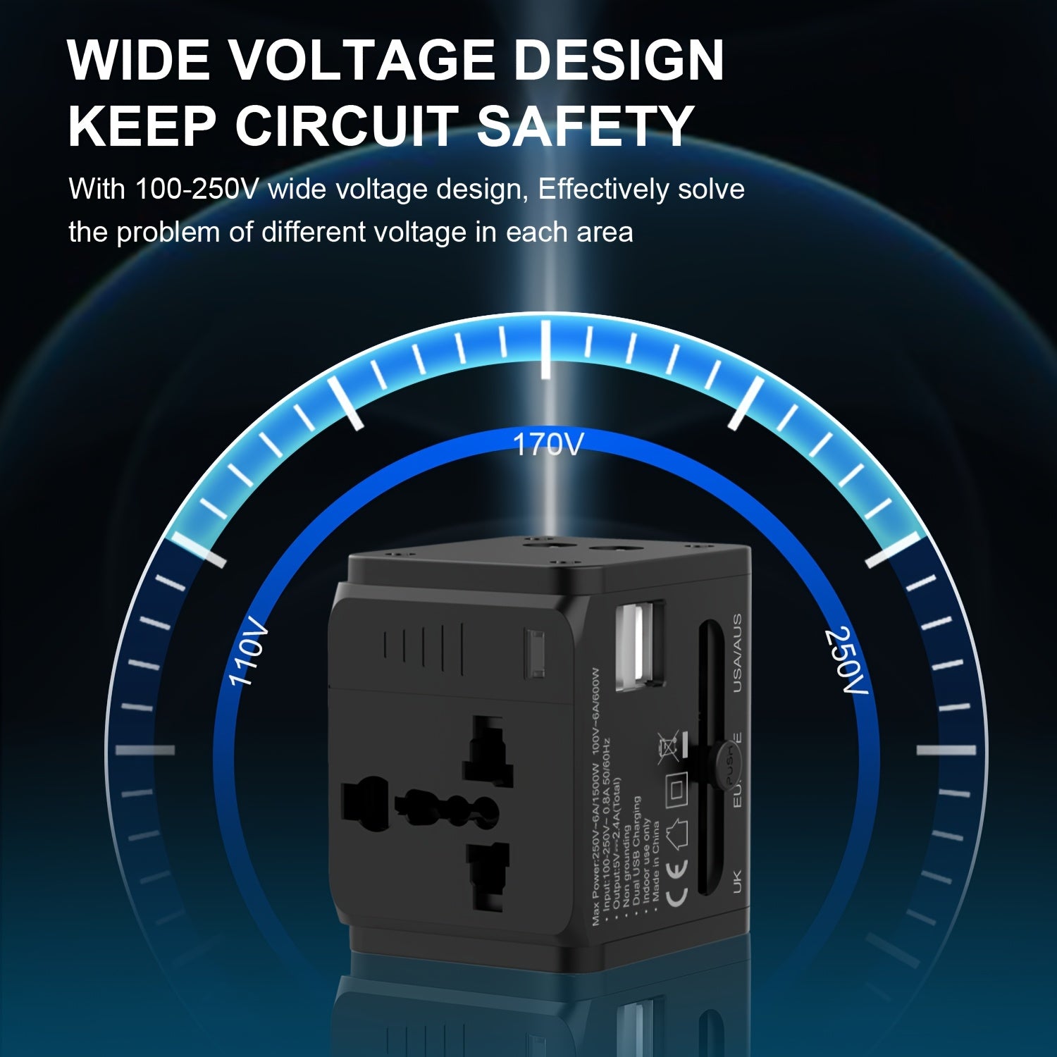 Adaptador de viaje con carga rápida, amplio rango de voltaje, múltiples tipos de enchufe, protección con fusible