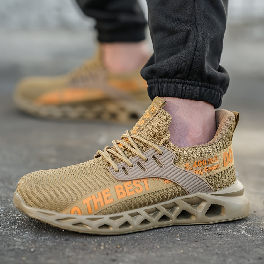 Women'S Plus Size Safety Sneakers Breathable Knit Beige Steel Toe Anti-Puncture