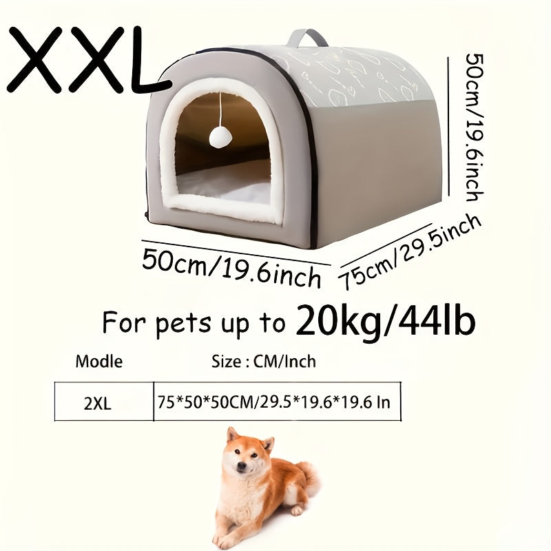 Двухвостный съемный питомник из фланели с шарообразным подвесом, подходящий для собак и кошек в качестве гнезда или укрытия, с ручкой и доступный в различных размерах для удобства.