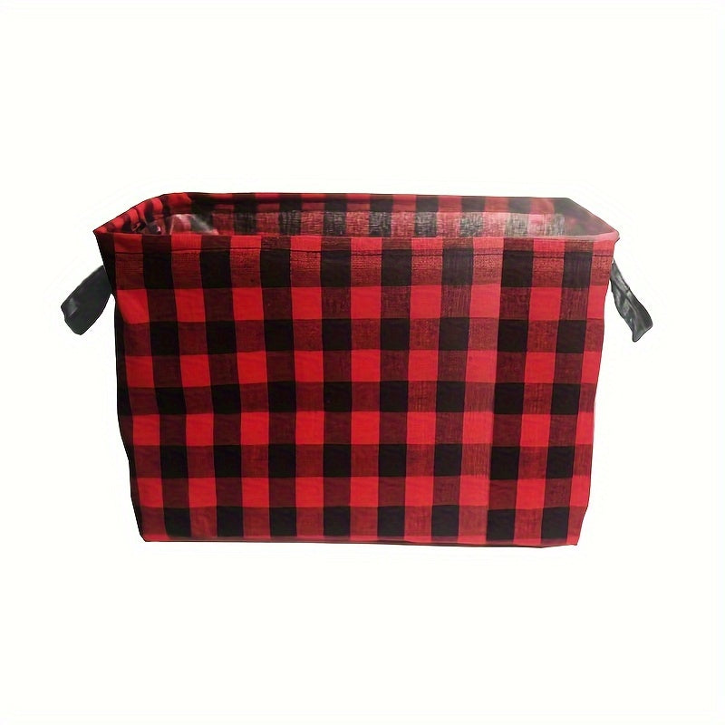 Plaid Christmas Gift Basket Storage Box with Handles for Home or Office Red Black