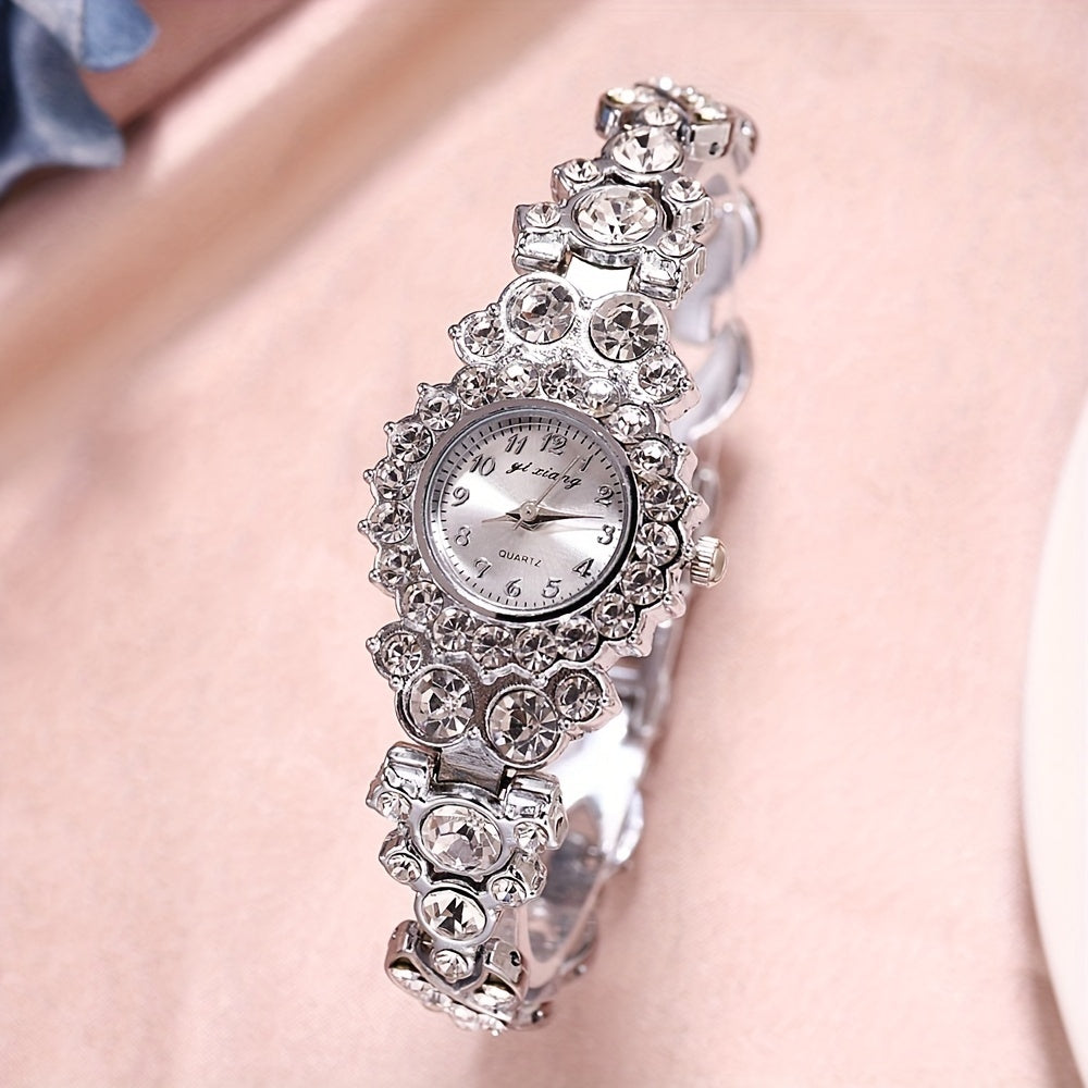 Women’s Silver Glitter Analog Bracelet Watch with Rhinestones