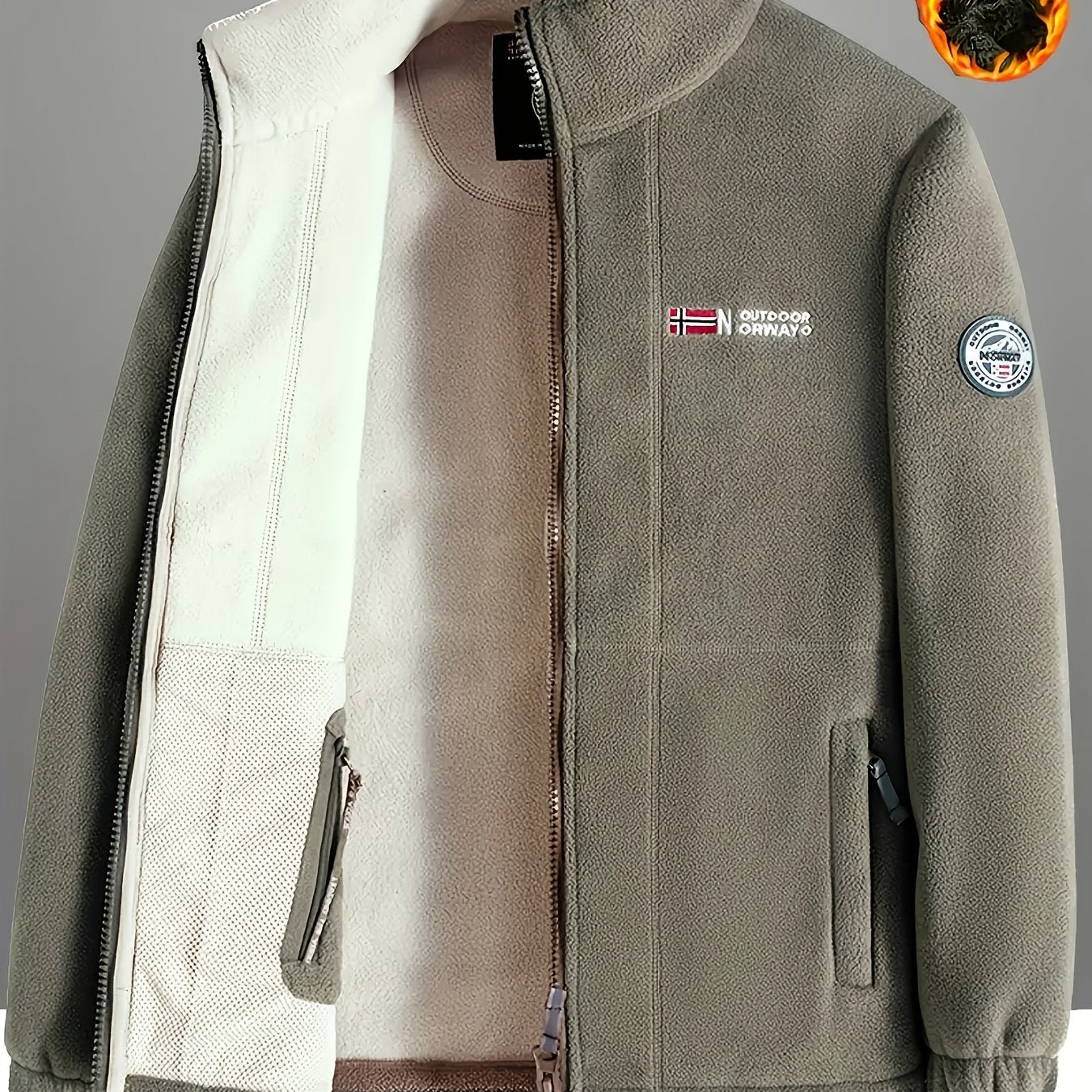 Men's Fleece-Lined Jacket with Embroidered Detailing in Black and Gray Winter Casual Zipper Stand Collar Side Pockets