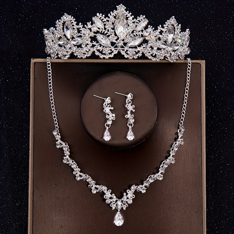 Set of 3 Vintage Rhinestone Jewelry Accessories Crown Headband Necklace Earrings for Weddings and Banquets