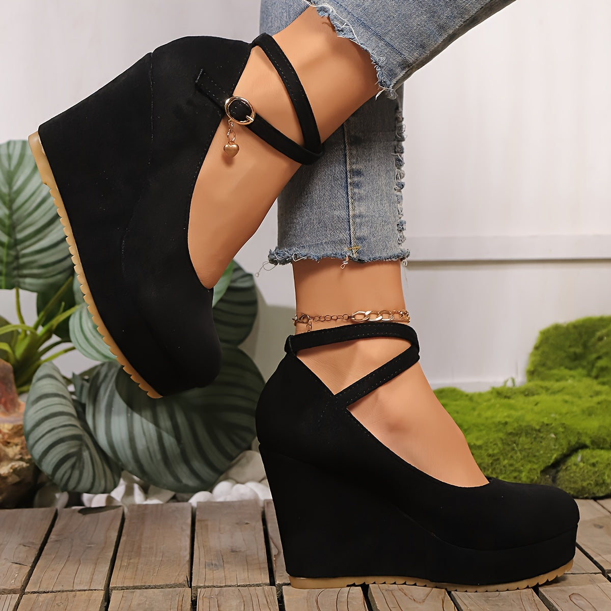 Women's Black Wedge Heels with Ankle Strap Platform High Heel All-Season