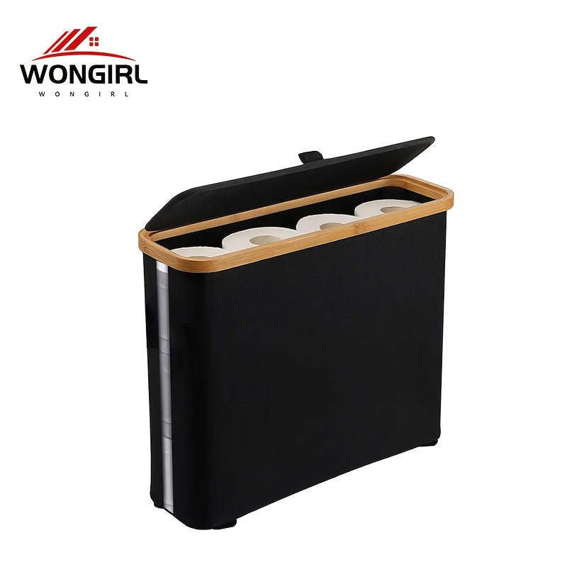 Black Bamboo Toilet Paper Holder with Storage Basket Bathroom Organizer for Home Office
