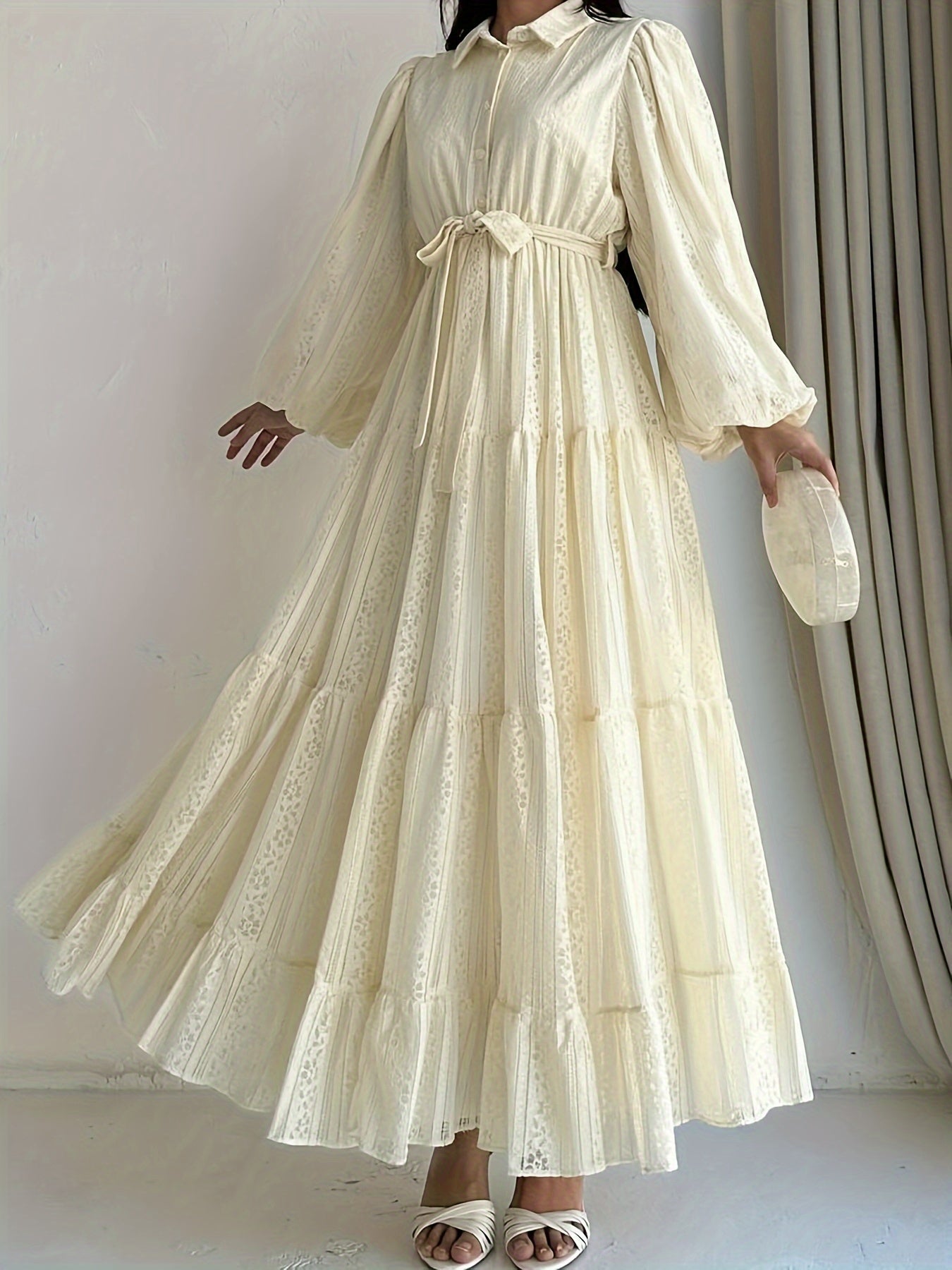 Women's Long Robe Dress with Lace Collar Solid Color Polyester Spandex All Seasons