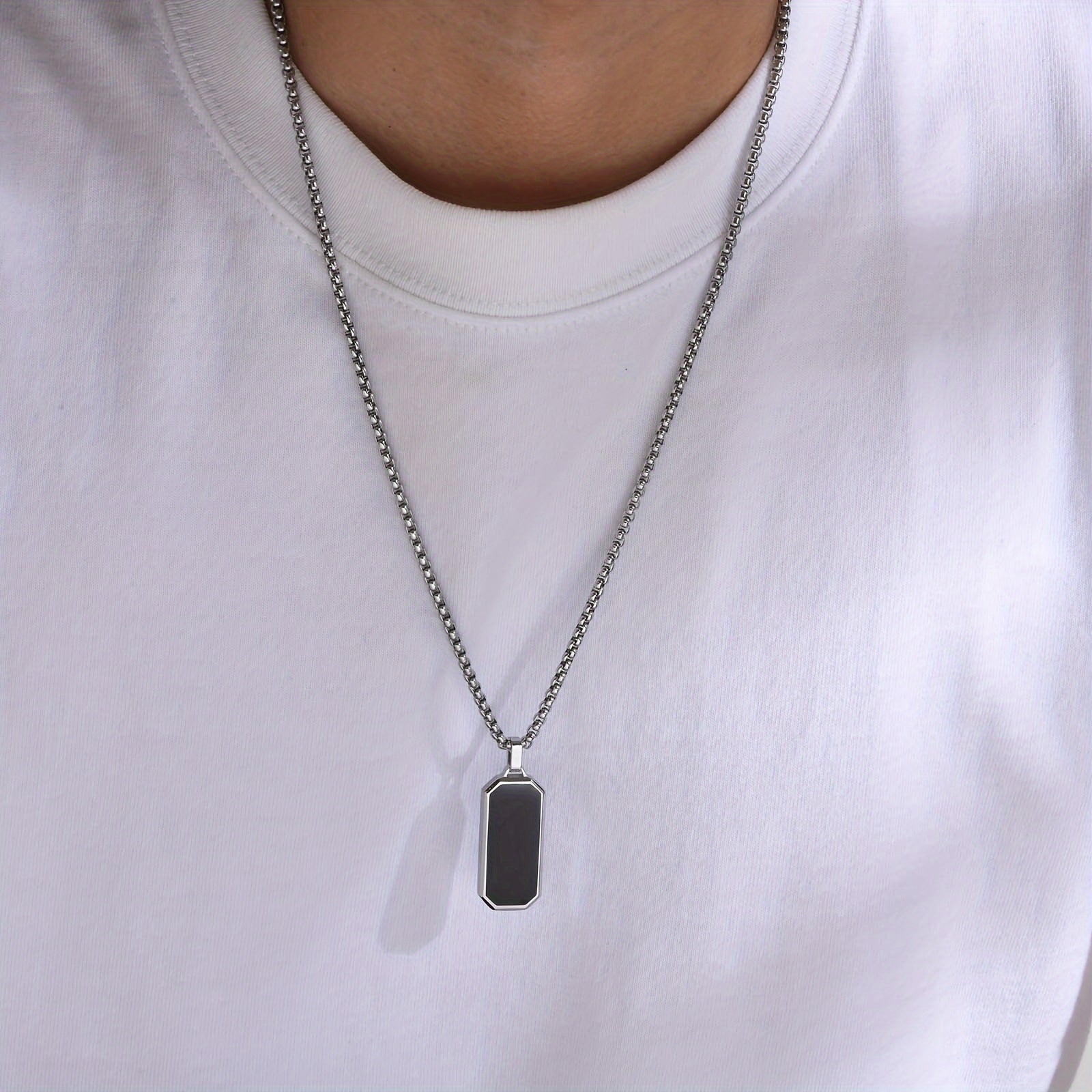 Men's Stainless Steel Necklace with Black Enamel Geometric Pendant