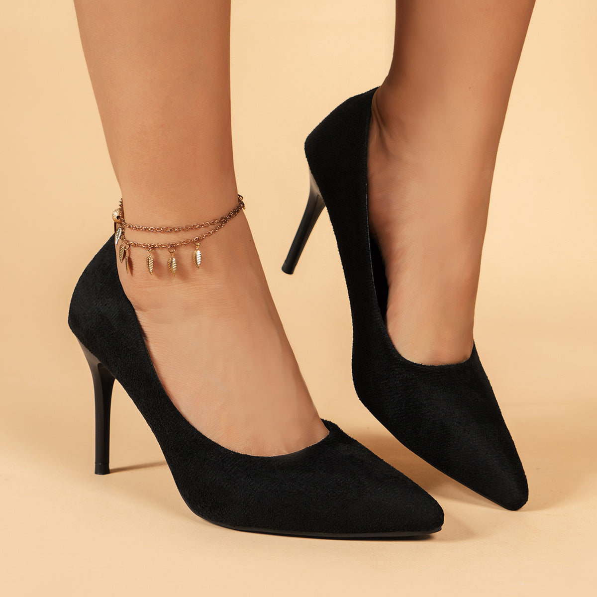 Women's Black Slip-On Stiletto Court Pumps with Pointed Toe and Lightweight Fabric Upper