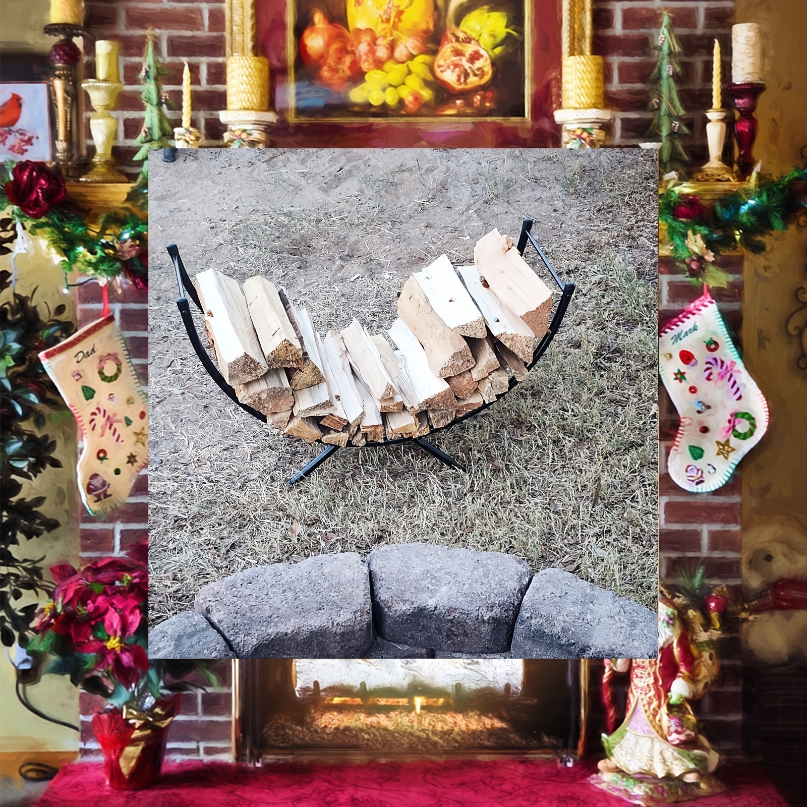 Metal Firewood Rack Curved Waterproof Rustproof Indoor Outdoor Log Holder