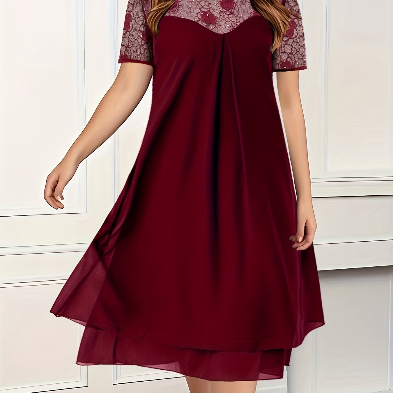 Plus Size Ladies Lace Panel Crewneck Dress Comfortable Elegant Evening Wear