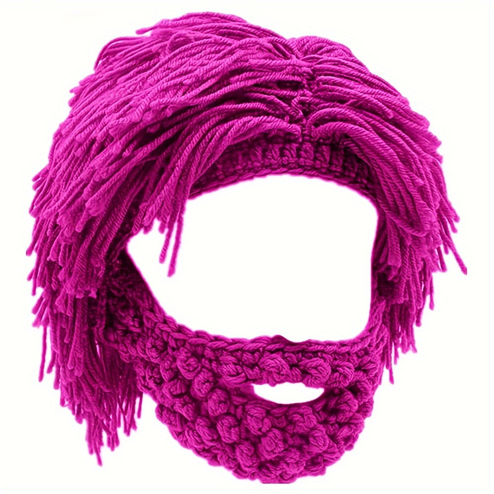 Punk Style Beanie with Attached Straight Hair Wig and Knitted Beard for Parties and Holidays