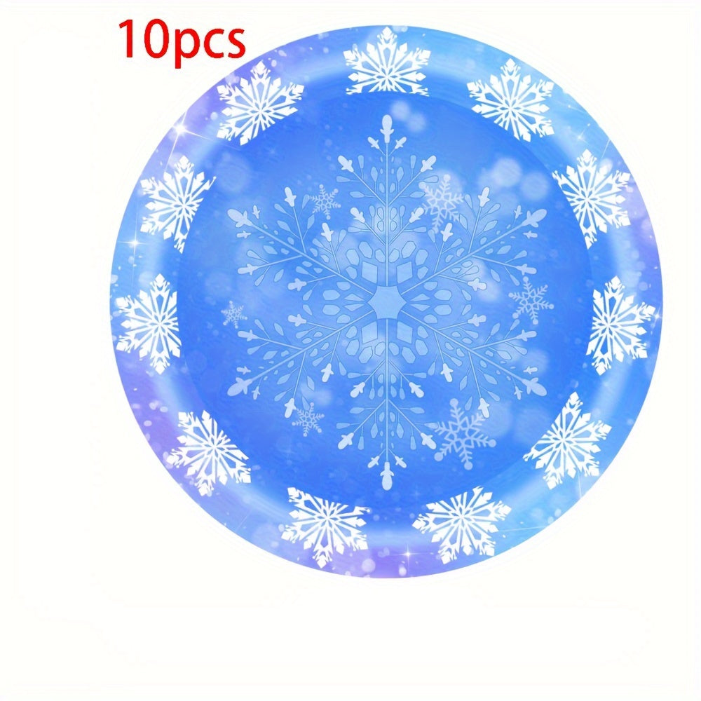 Paquete de suministros para fiesta de invierno congelado, platos de papel con copos de nieve, servilletas, vasos, 10 piezas