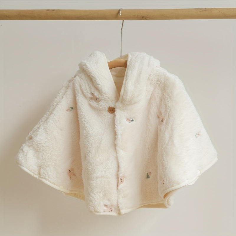 Children's Hooded Cape with Coral Velvet Outer and Linen Inner Windproof Warmth