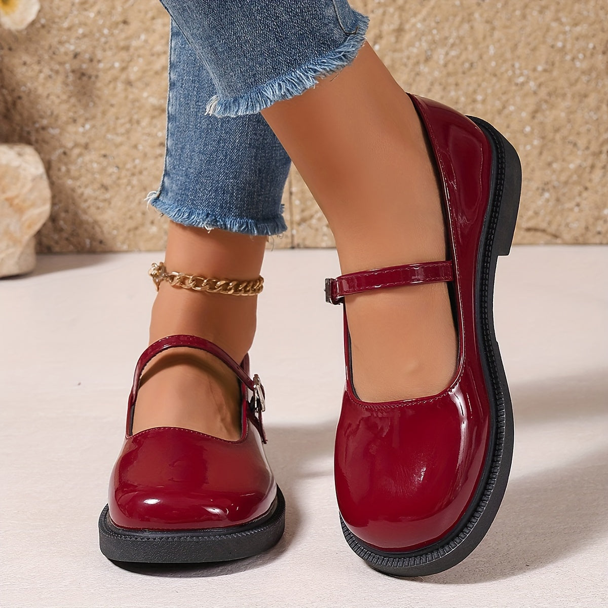 Women's Mary Jane Flat Shoes Faux Leather Solid Color Slip-On Rubber Sole All-Season Comfort