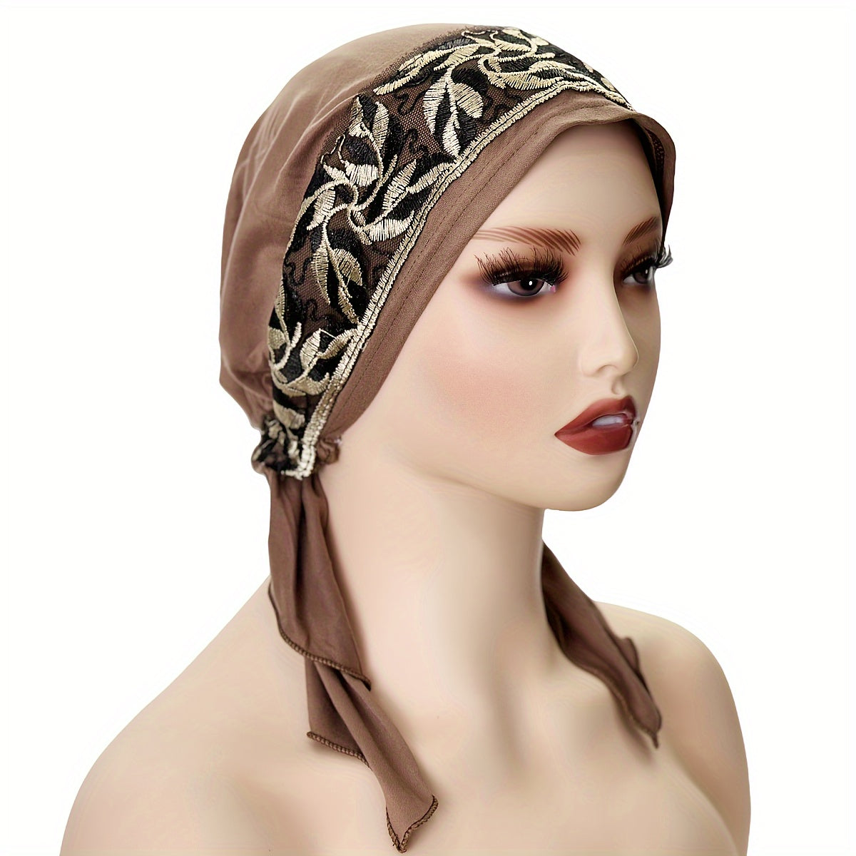 Black Elastic Chemo Hat with Embroidered Turban Design and Tails