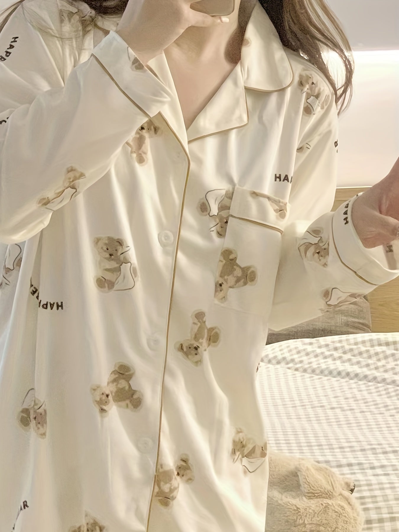 Women's Cartoon Bear Print Pajama Set Long Sleeve Blouse and Elastic Waist Pants