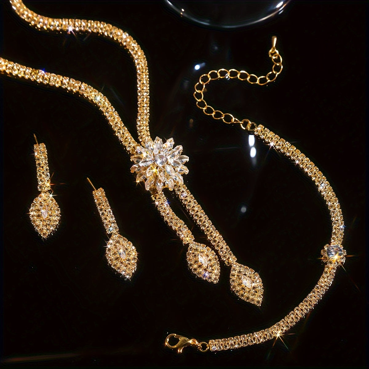 Imitation Zirconia Flower Jewelry Set Necklace Earrings Bracelet for Bridal or Special Occasion