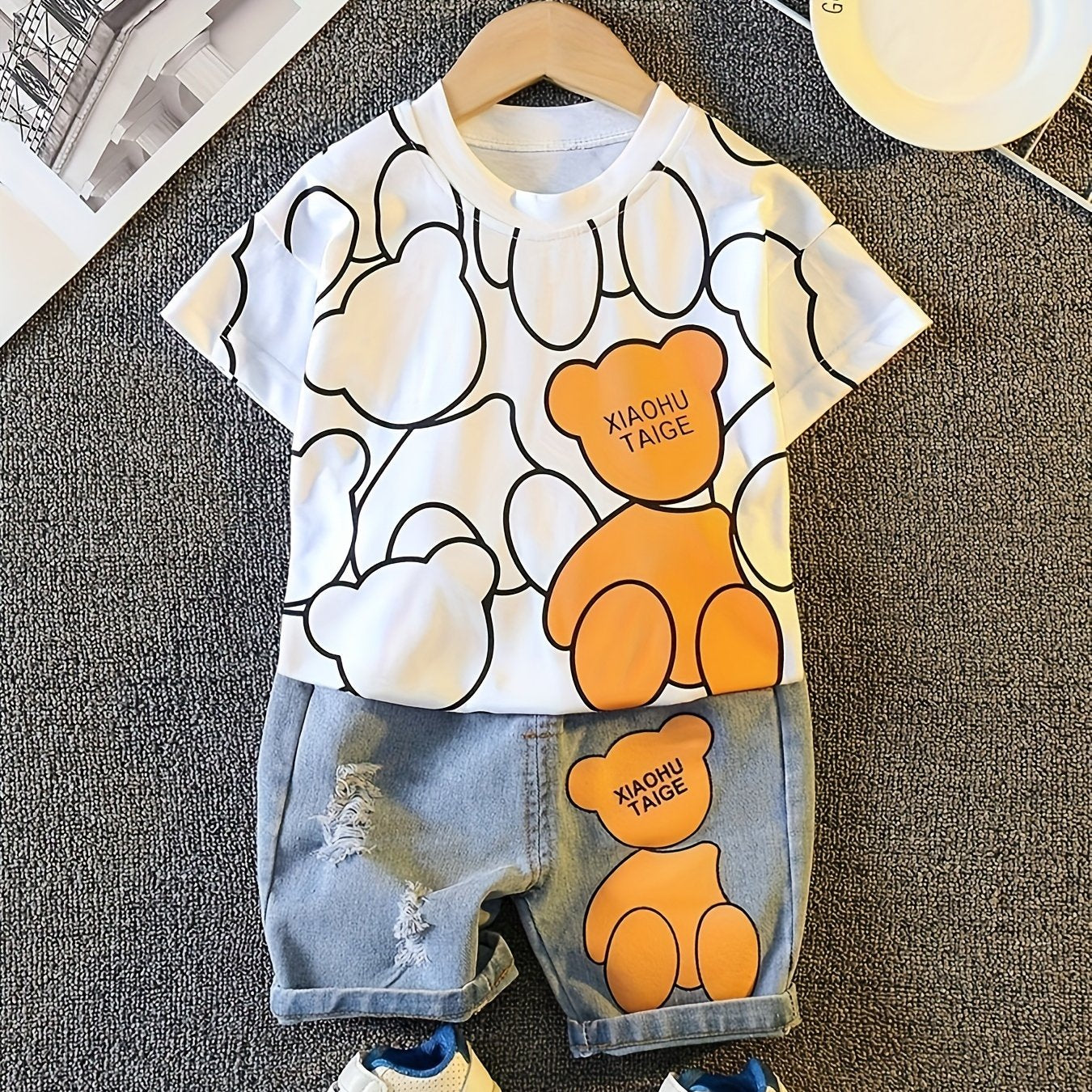 Cartoon Long Sleeve T-Shirt for Kids with Denim Shorts Summer Casual Cotton