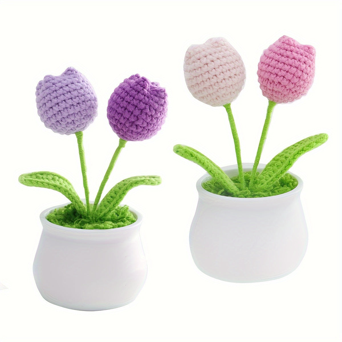 Crochet Tulip Flower Pots Faux Floral Decor for Home and Kitchen