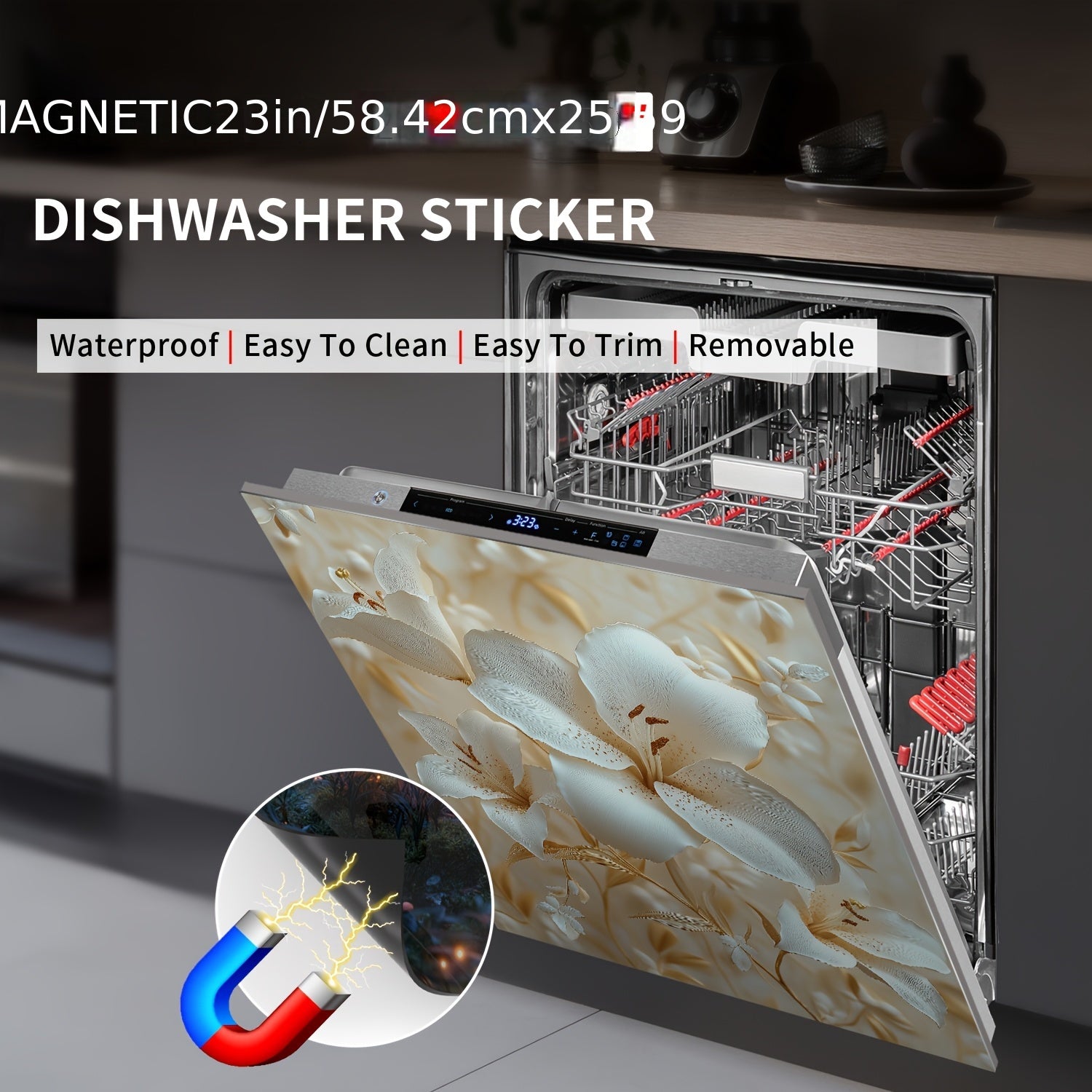 Beige Floral Vinyl Magnetic Dishwasher Cover Reusable Durable for Refrigerator Washing Machine Cabinet