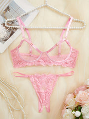 Women's Floral Lace Lingerie Set with Open Cup Bra and Crotchless Thong