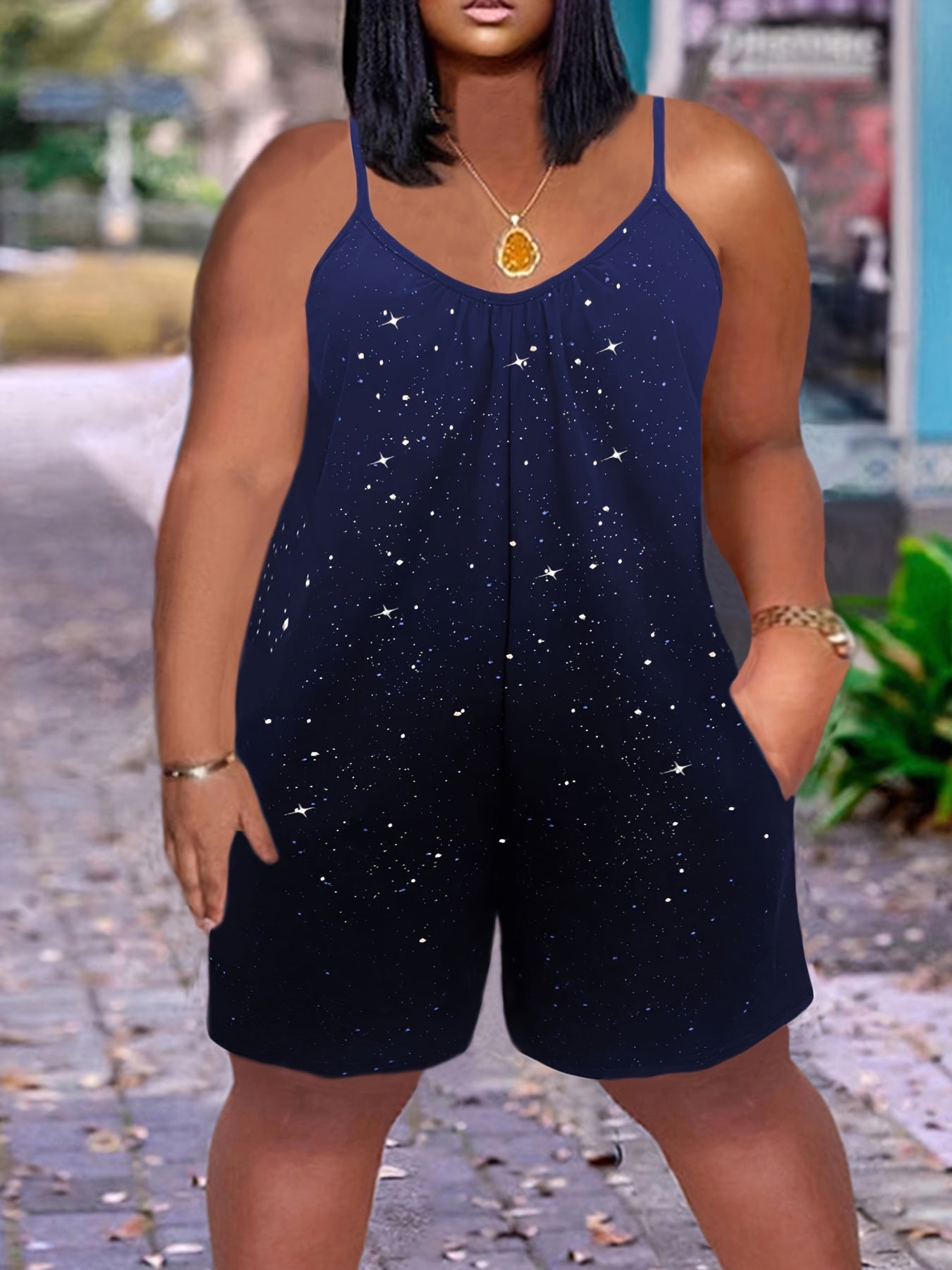 Women's Sleeveless Jumpsuit with Starry Night Print Navy Blue Casual Dress