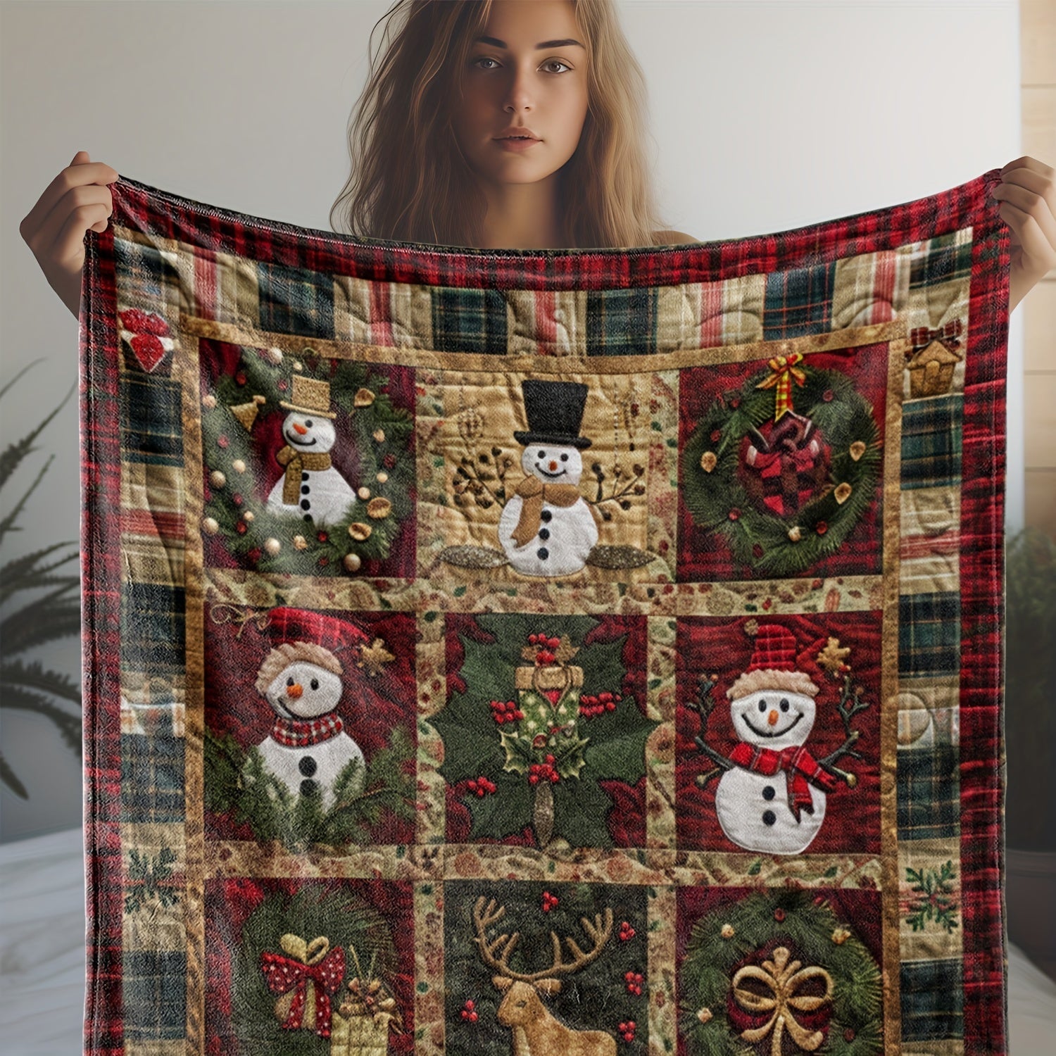 Уютно устроитесь с очаровательным винтажным рождественским венком и пледами в клетку с снеговиком - мягкий и уютный плед для дивана, кровати, машины, офиса или кемпинга - идеальный подарок на все сезоны