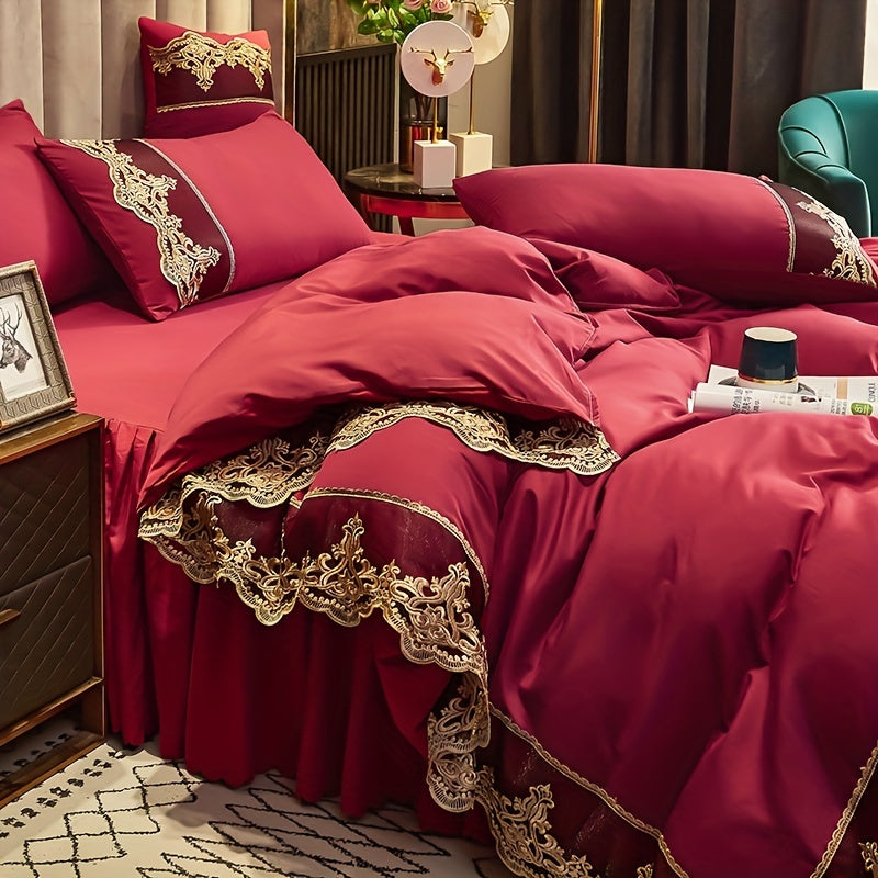 Luxury Red Lace Duvet Cover Set with Pillowcases for Bedroom or Guest Room