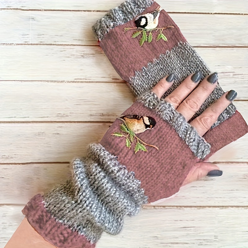 Warm Fingerless Gloves with Double Color Block Design and Hummingbird Embroidery
