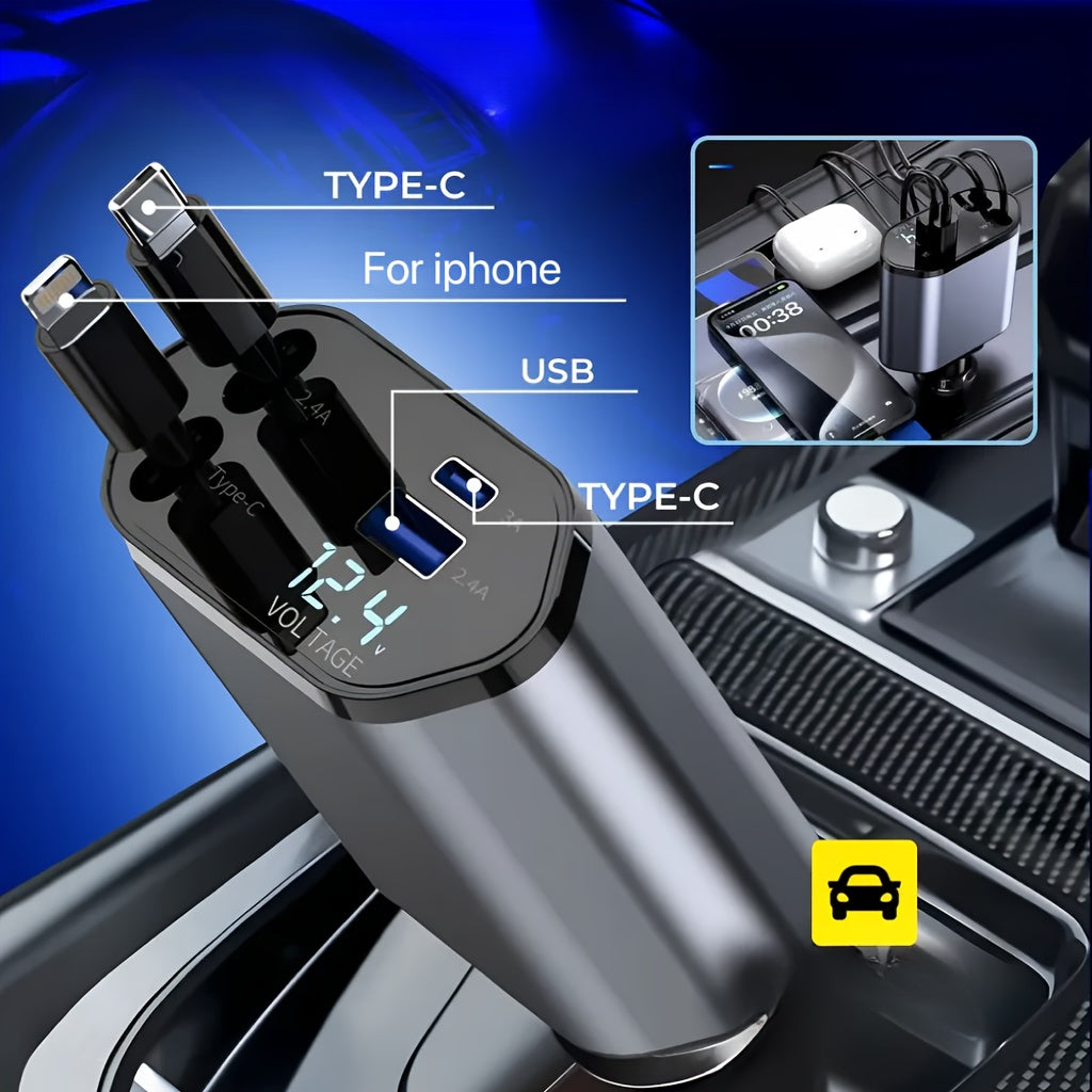Cargador de coche retráctil 4 en 1 con rotación de 180° y puerto USB-C