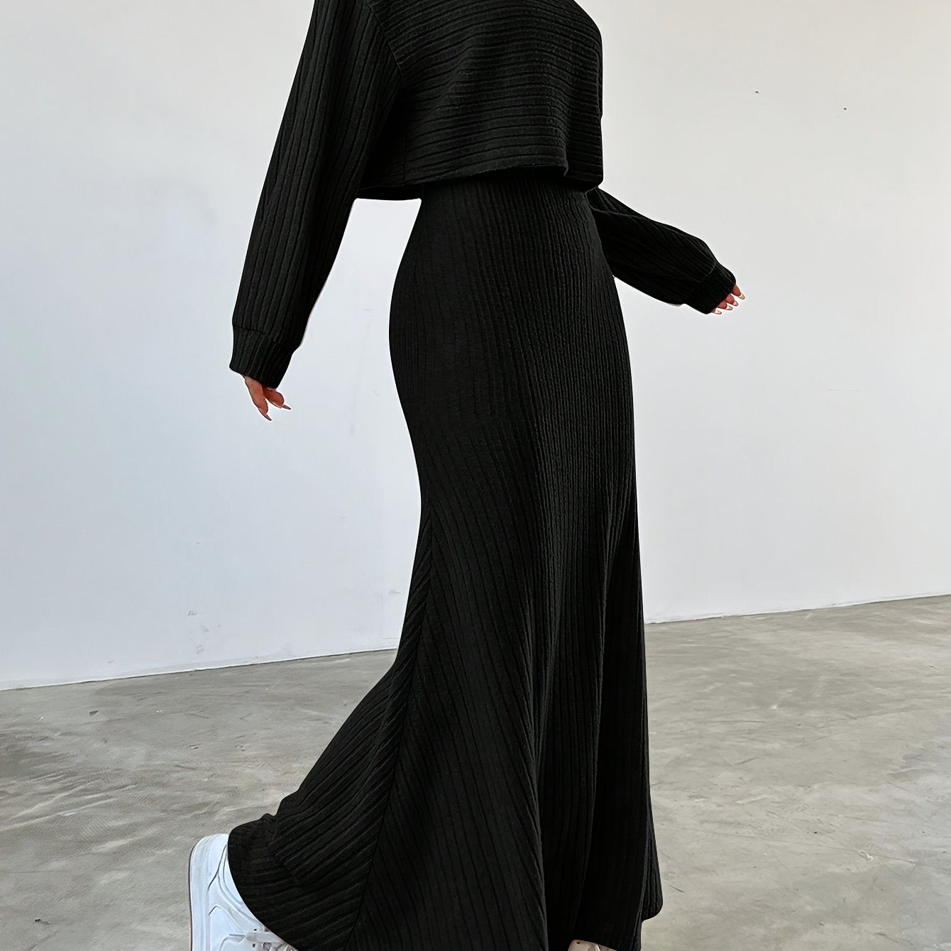 Women's Ribbed Knit Two-Piece Set Off-Shoulder Crop Top A-Line Skirt Casual Chic