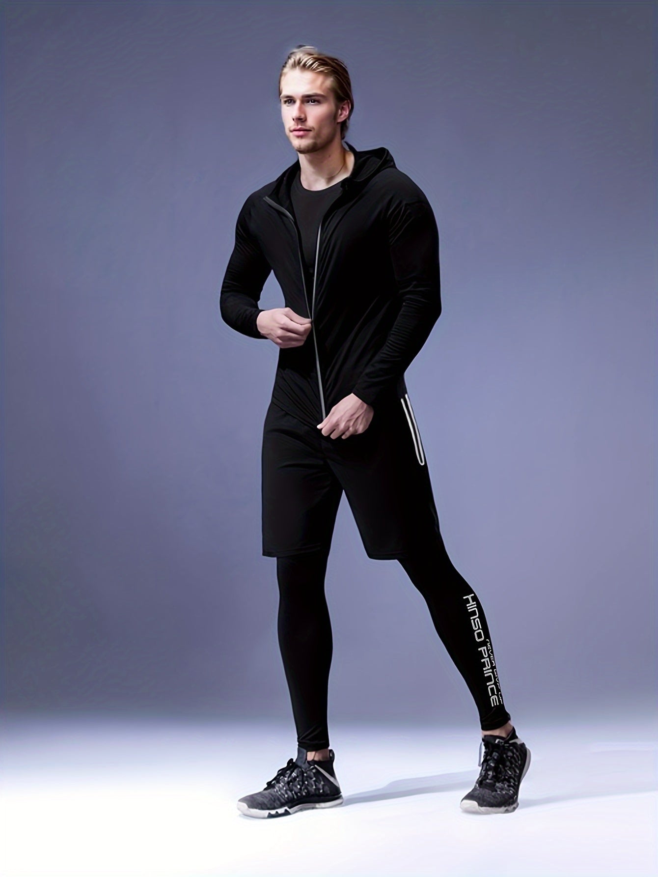 Men's Athletic Set Hooded Zip-Up Jacket Printed Sports Vest Compression Long Sleeve Top Shorts Leggings High Stretch Knit