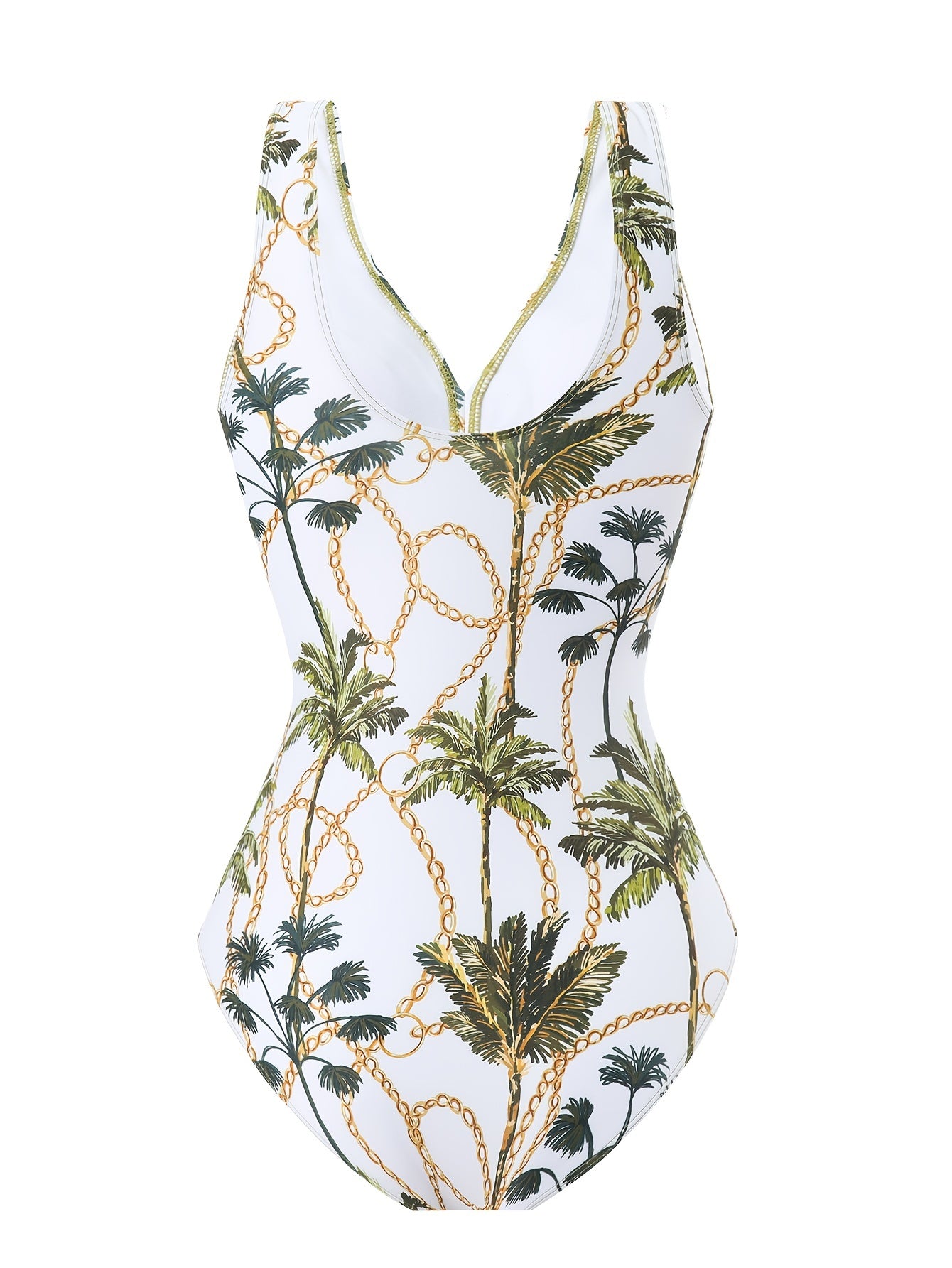 Tropical Palm Print Two-Piece Swimsuit Set with V-Neck Top and Sheer Sarong