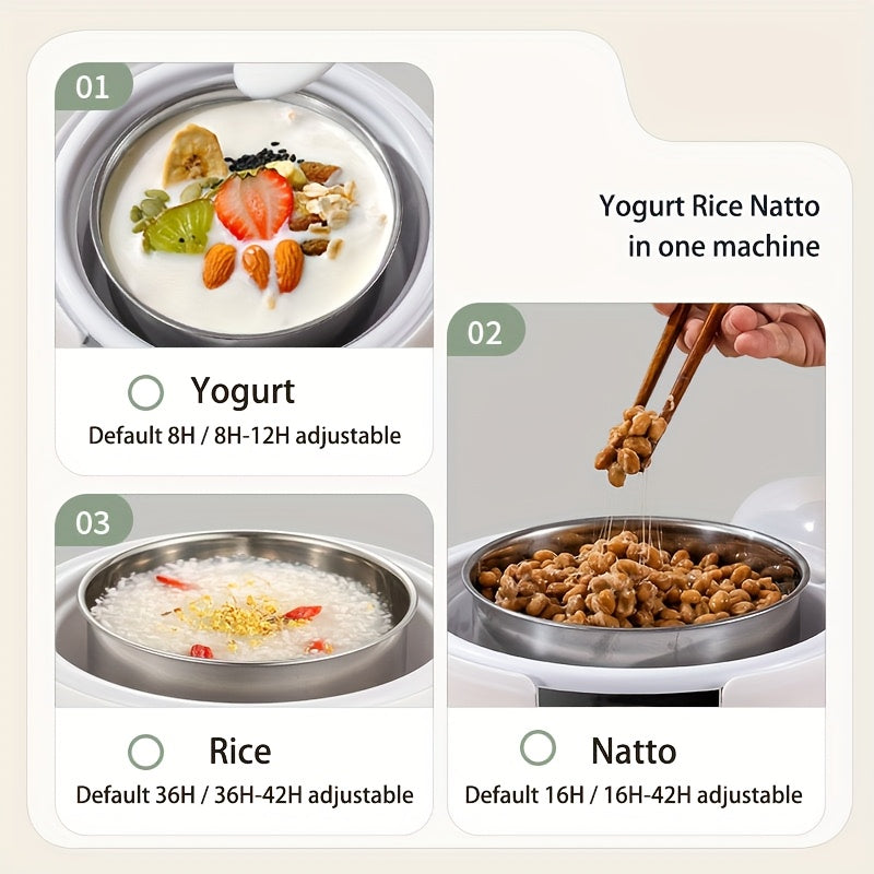 Raqamli displey bilan katta hajmli avtomatik yogurt tayyorlovchi, yogurt va fermentlangan oziq-ovqatlar uchun ideal. Kuzatuv talab qilinmaydi. Yevropa standarti rozetkasi. Shisha idish dizayni.