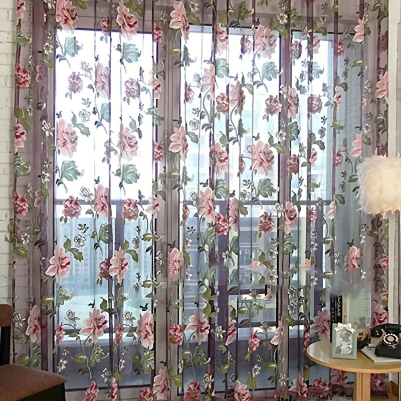 French Country Style Peony Floral Sheer Curtain 100cm x 200cm Rod Pocket Window Treatment for Bedroom and Living Room