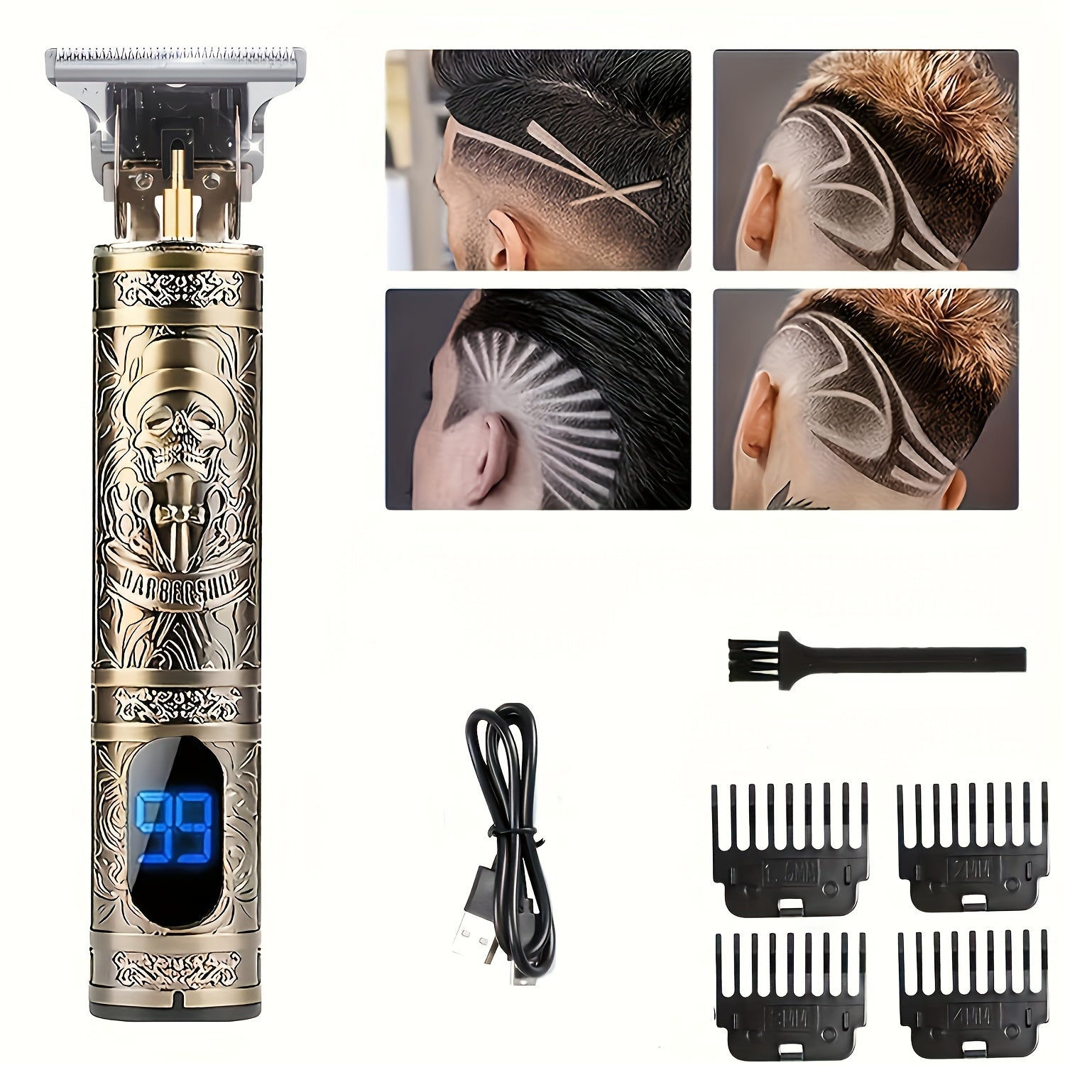 Blue Light LCD Hair Clipper with USB Charging and Mythical Beast Designs