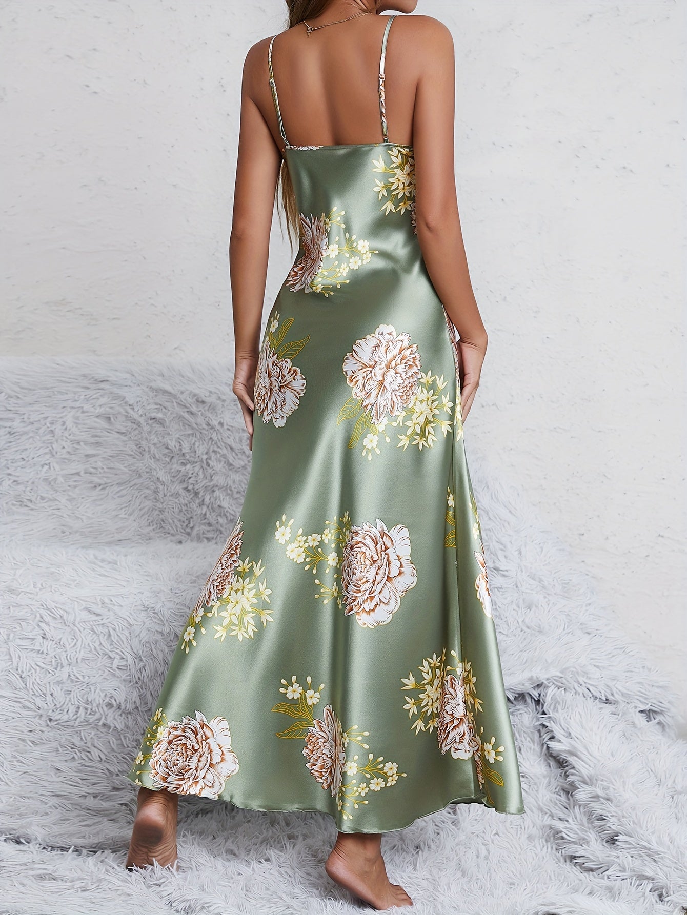 Floral Print Slip Nightdress with V Neck Backless Spaghetti Straps Summer Women Sleepwear