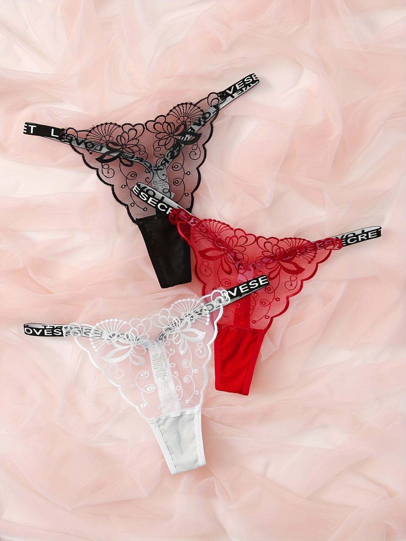 Women's Floral Lace Mesh Thongs Set with Sheer Letter Tape 3-Pack