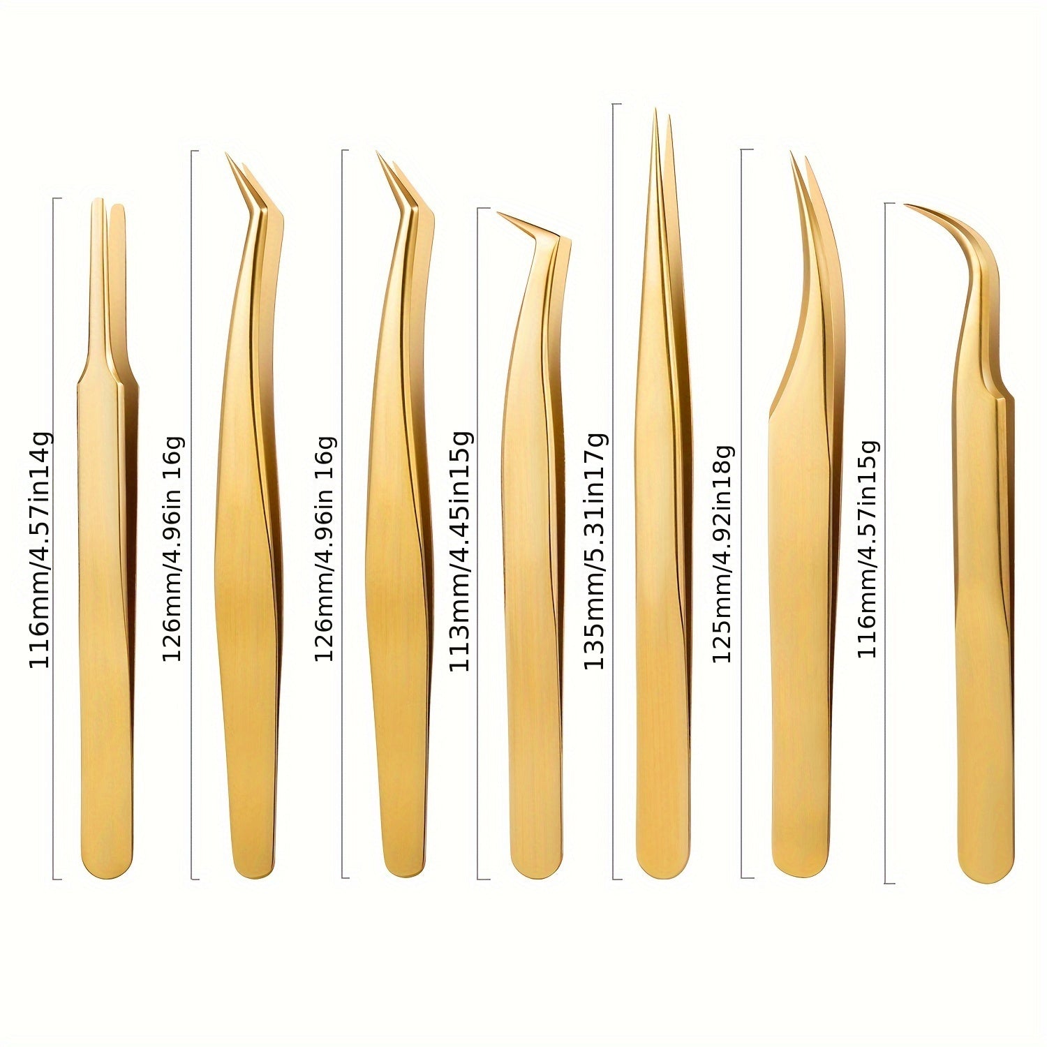 7-Piece Stainless Steel Eyelash Tweezers Set for False Eyelash and Eyebrow Grooming