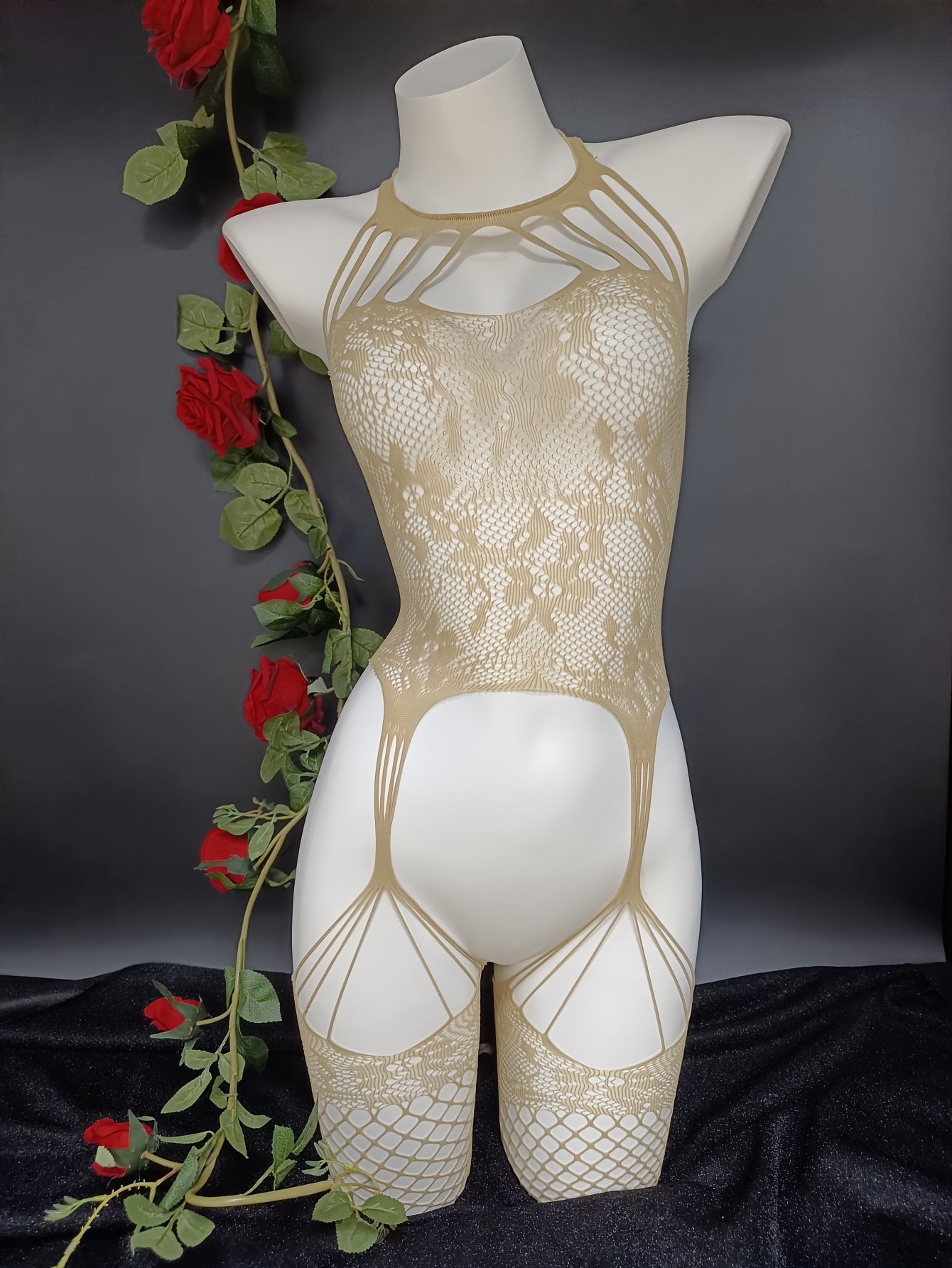 Body de lencería para mujer de jacquard con abertura en la entrepierna, medias de red y vestido con liga