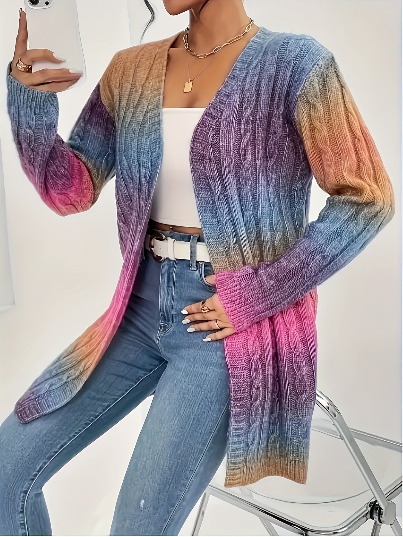 Cárdigan de punto con cable y ombré para tallas grandes, abierto, de manga larga, suéter para mujer