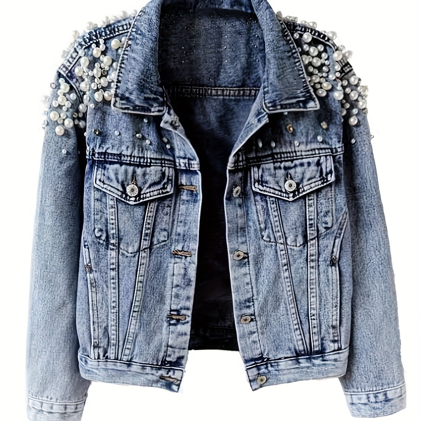 Women's Denim Jacket With Pearls Spring Autumn Street Style
