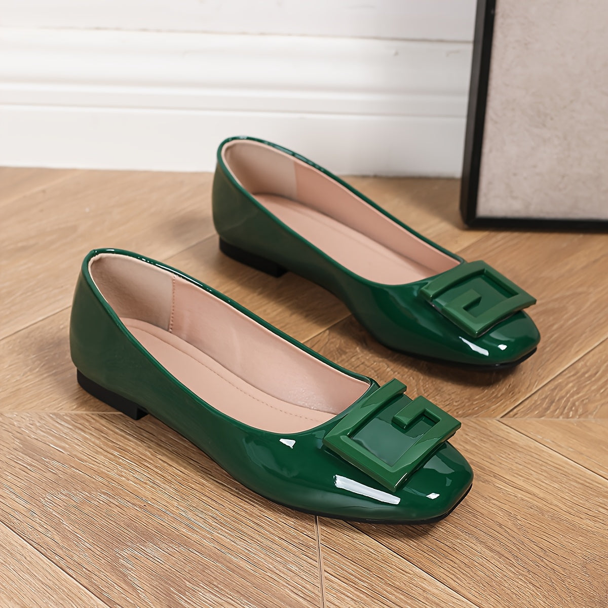 Women's Faux Leather Slip-On Flats with G Buckle Square Toe in Red Green Brown Black