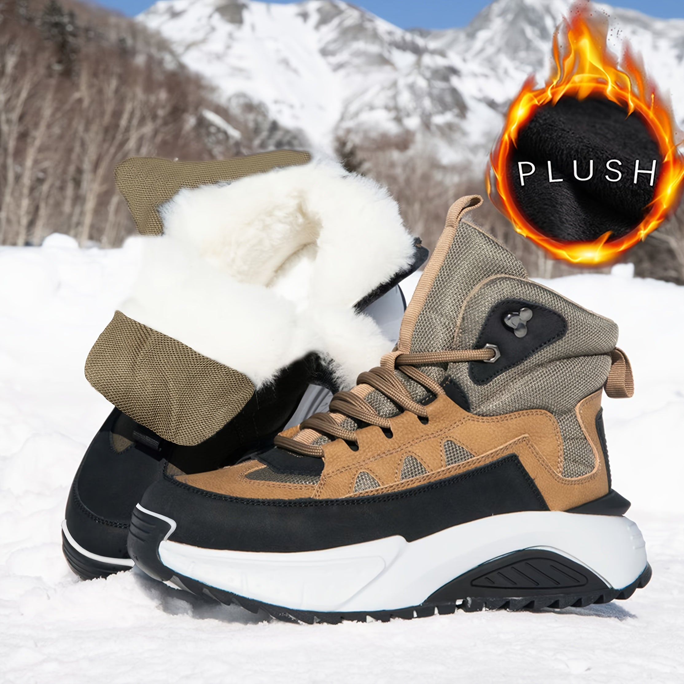 Botas de nieve vintage para hombre con parte superior de imitación, forro de felpa, casuales, de senderismo, impermeables